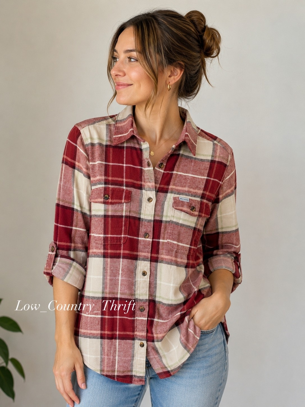 Columbia Red & Cream Plaid Flannel Shirt